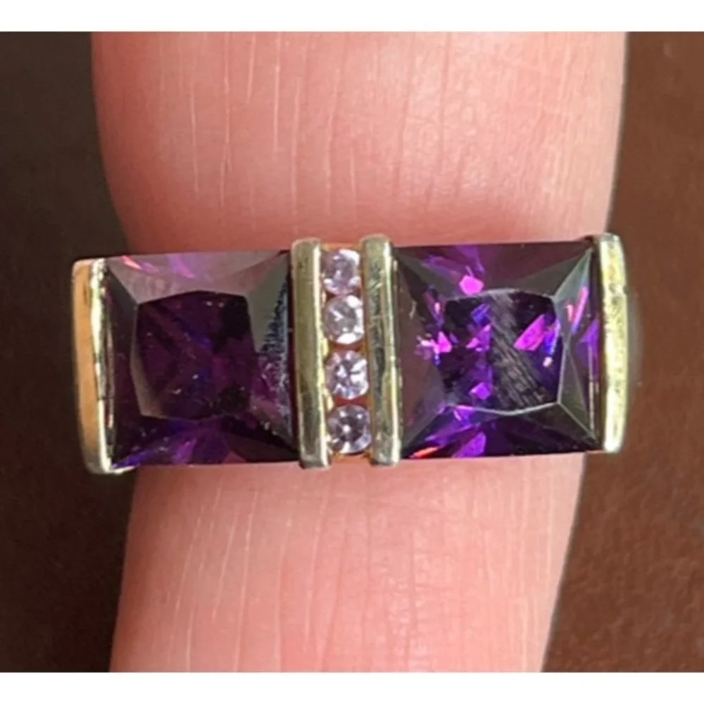 MEDA 14K GOLD PLATED Sterling Silver Bar Ring SQUARE LAB CREATED AMETHYST sz 8